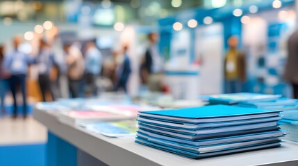 Business Brochure Display at Exhibition: A close-up shot of brochures on a display table at an exhibition, with blurred figures of attendees in the background, promoting products. 