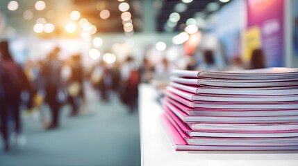 Exhibition Brochure: A close-up view of stacked brochures showcases crispness against a backdrop of a blurred bustling exhibition hall. A visual representation of promotional material in event.