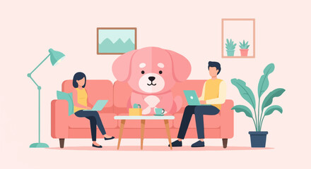 People and a dog relax on a couch while using laptops and plants