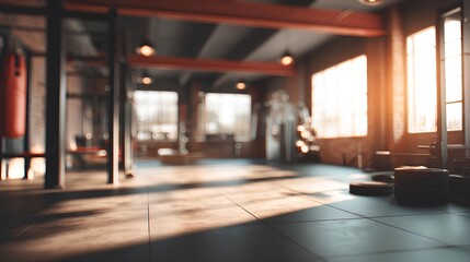 Open Gym at Golden Hour: A modern, inviting gym bathed in the soft glow of the sun, creating an atmosphere of motivation and strength. Empty space of exercise equipment, with a hint of what could be.