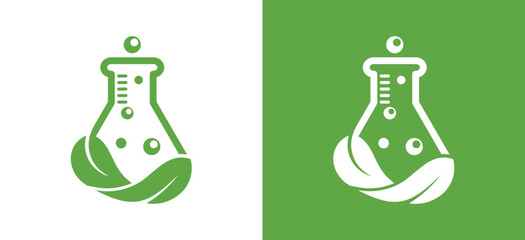 Creative eco logo combining laboratory flask and leaf symbol. Ideal for natural ingredient, organic product and green science branding.