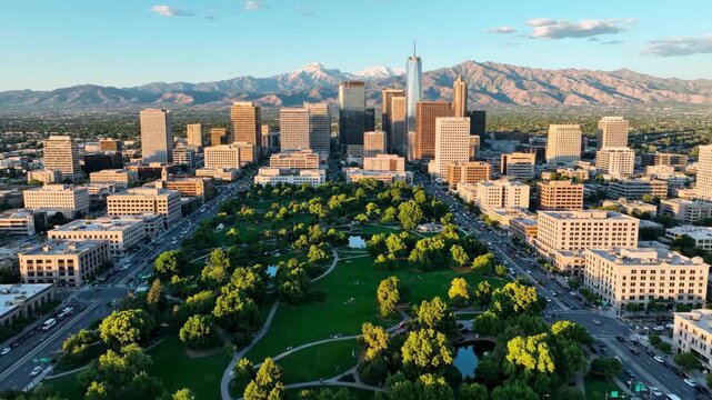 Salt Lake City skyline with park and Wasatch Mountains at sunset