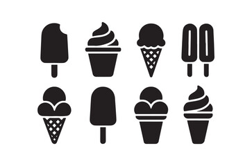 A collection of black silhouette icons depicting various frozen desserts like ice cream and popsicles