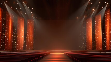 Elegant Stage Design: A dramatic stage design bathed in warm light, with architectural elements creating a captivating atmosphere, ready for a grand performance.