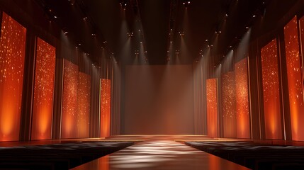 Grand Stage of Elegance: A captivating stage, bathed in warm, inviting light, sets the scene for a glamorous event. The design features a runway.
