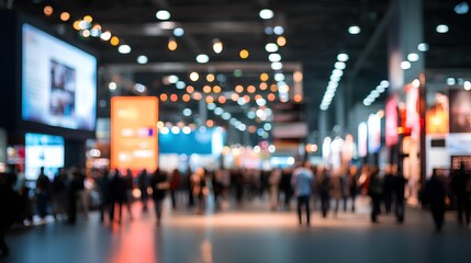 Blurred Conference Hustle: Capture the dynamic atmosphere of a large conference or exhibition, with a blurred effect emphasizing the movement and interactions of attendees.