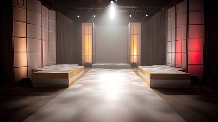 Fashion Runway Ready: An empty fashion runway awaits, bathed in the glow of spotlights, ready for the models. A minimalist backdrop and sleek stage set the scene for the presentation.