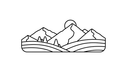 Simple Black Line Mountain Landscape Illustration.