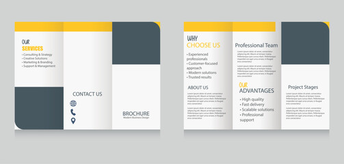 Modern Business Trifold Brochure Template Design in Yellow and Dark Blue, suitable for company profile, marketing, consulting, agency.