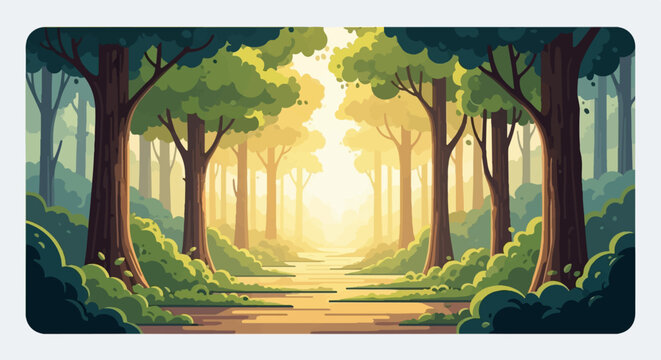 Pixelated forest scene with sunlit path and lush greenery