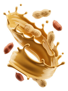 Peanut butter splash with peanuts flying food isolated on a transparent background