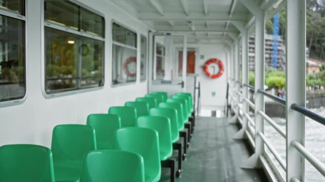 Ferry seating deck with rows of green plastic chairs, soft defocused bokeh interior; background backplate copyspace calm.