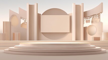 Stage Design for Celebration: An elegant stage set, meticulously crafted with geometric shapes, soft tones, and subtle lighting, creating a perfect backdrop for a grand event.
