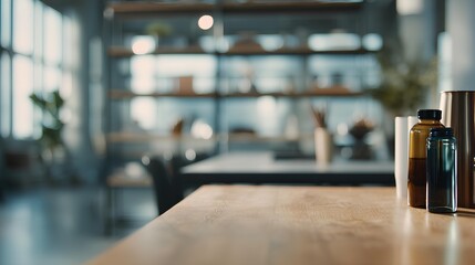 Empty Countertop in Bright Room: The focus on a smooth, empty wooden countertop provides a blank canvas, inviting contemplation against the soft, diffused light of the backdrop. 