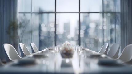 Modern Meeting Venue: A sophisticated, light-filled interior, featuring a long, polished table set for a meeting, with modern chairs and a panoramic view of a distant cityscape.
