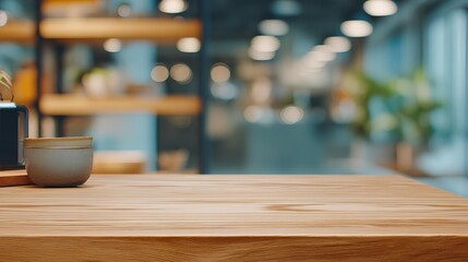 Minimalist Workspace: A tranquil workspace showcases a warm wooden table as the focal point, subtly hinting at creativity. With a blurred background, inviting an atmosphere of quiet concentration
