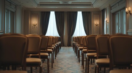 Elegant Meeting Room: An empty meeting room, with rows of chairs neatly arranged, awaits an important event. Soft light streams in through the windows, creating a peaceful and anticipatory atmosphere.
