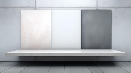 Blank Canvas: Three minimalist art canvases sit elegantly on a sleek, modern shelf, inviting your own artistic expressions or commercial designs. The room's architecture sets a minimalist tone