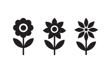 A simple black and white illustration displaying three different stylized flower designs in a row