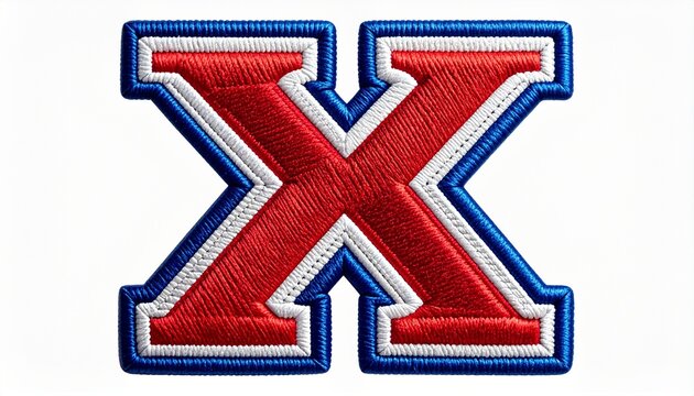 Embroidered varsity patch featuring bold red letter X with blue and white border, textured stitching detail, fashion accessory style.