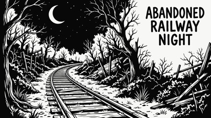 night abandoned railway landscape black and white with crescent moon and bright stars over empty tracks along dark horizon showing celestial astronomy galaxy environment © Evan