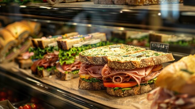 Display of assorted sandwiches in a deli