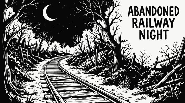 night abandoned railway landscape black and white with crescent moon and bright stars over empty tracks along dark horizon showing celestial astronomy galaxy environment