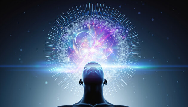 Surreal quantum energy burst exploding from open human mind showing creativity innovation power in spiritual consciousness awakening concept