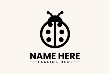 Black ladybug logo illustration with 'NAME HERE' text and 'TAGLINE HERE' on a beige background, vector graphic design element. © vectorvovdesign