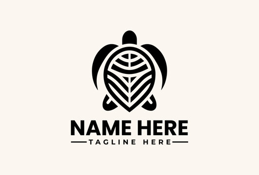 A black and white turtle logo with a leafy design on its shell, accompanied by placeholder text for a name and tagline on a beige background, in a simple and modern vector illustration