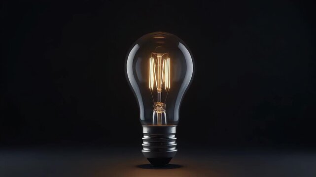 Single glowing tungsten light bulb isolated on dark background, innovation and bright idea concept for creativity, leadership and business inspiration branding.
