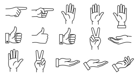 Collection of black line art hand gestures icons on an isolated white background, representing various communication signals © UDIN