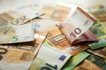 Scattered Euro Banknotes on Table, Money and Finance Concept, Euro Banknotes Spread on Table, Cash and Financial Concept