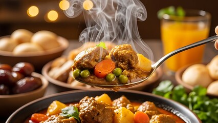 Steaming Hot Meal with Vegetables and Meatballs.
