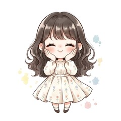 Cute chibi cartoon girl with brown wavy hair in a floral dress, smiling sweetly with hands on cheeks, watercolor style.