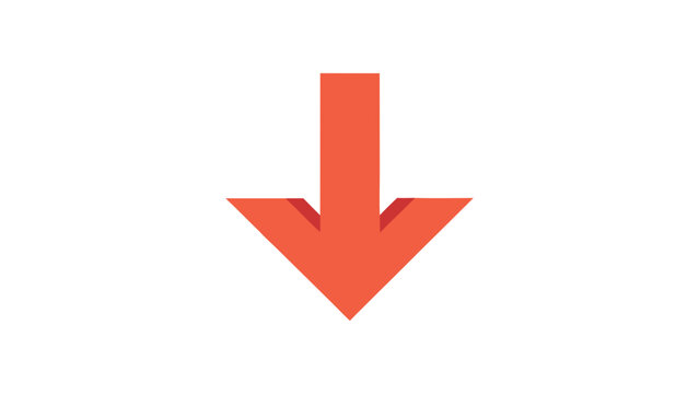 Red downward arrow icon symbolizing direction or decrease isolated on transparent background viewed from directly above