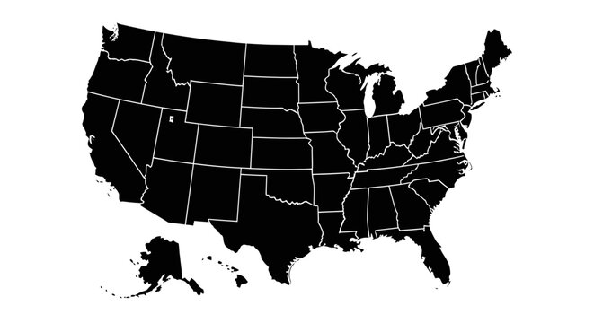 Isolated black vector silhouette outline of the United States map showing country borders and geography of the USA nation land shape on a white background