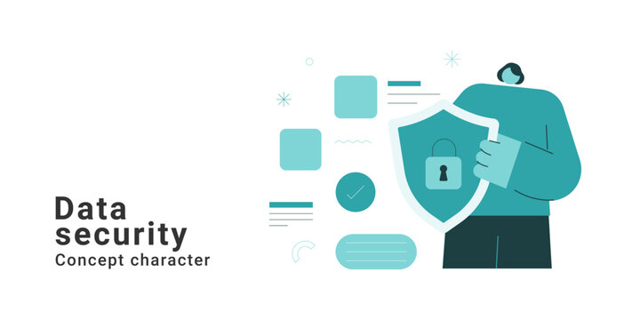 Data security concept with man holding shield and lock for protection. Flat character design vector illustration for cyber security, privacy, safety and data protection concepts.