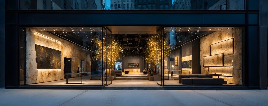 A flagship brand store entrance with layered materials, ambient city sound implied