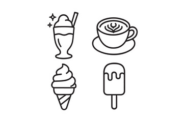 Simple line drawing showcasing various sweet treats including ice cream coffee and popsicles high quality