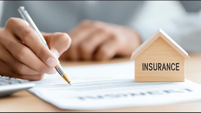 Signing an insurance contract with a model house and pen in an office setting during daytime