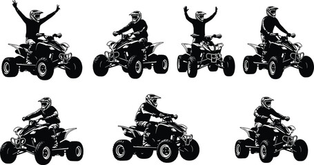 ATV quad bike rider silhouette collection with motocross helmet and off road action poses, black vector illustration isolated on white background © MSTMUNMUN