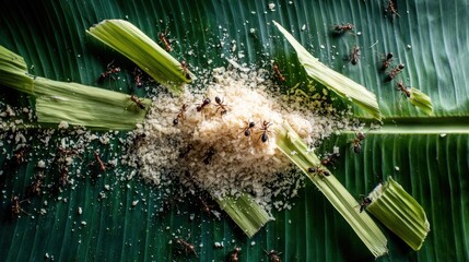 Ants feasting on crumbly food on a large banana leaf