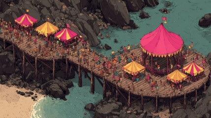 Coastal pier, crowded with people under colorful tents