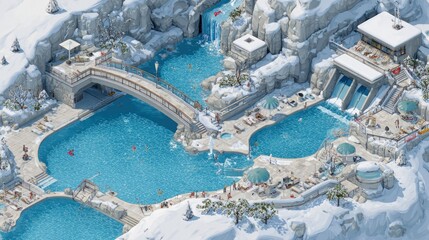 Aerial view of a winter thermal spa complex with pools, bridges, and snowy mountains