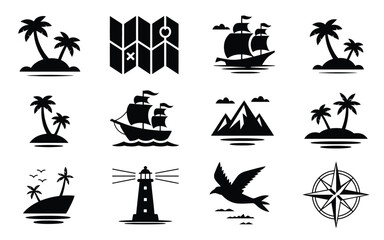Obraz premium Nautical voyage icons with palm trees ships lighthouses and navigation symbols
