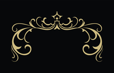 Gold lines, vintage swirling pattern, black background.