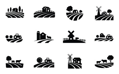 Farm landscape icons set with barns windmills fields and rural scenery in black silhouette on white background for agriculture and countryside concepts © Antu