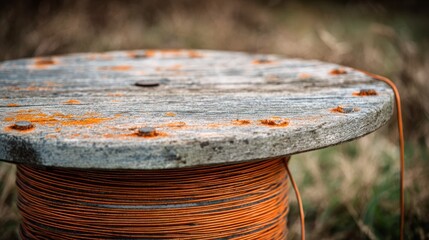 Close-up of an aged wooden spool with orange wire