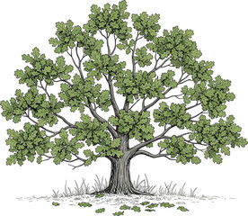 Obraz premium Detailed oak tree illustration, green leafy botanical artwork isolated on white background nature